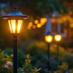 A photograph of a beautifully illuminated solar garden lamp post in a lush outdoor setting during twilight