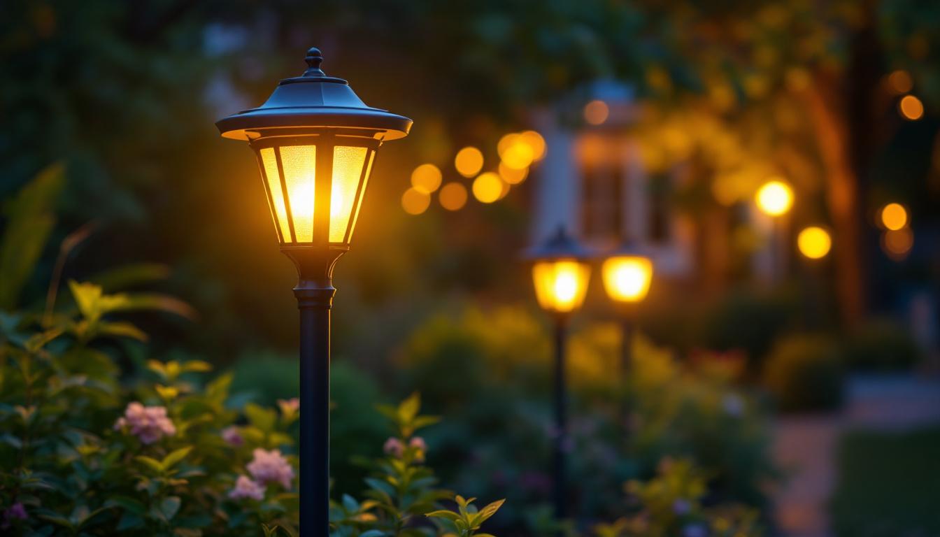 A photograph of a beautifully illuminated solar garden lamp post in a lush outdoor setting during twilight
