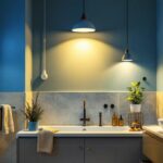 A photograph of a well-lit bathroom showcasing a variety of stylish and compliant lighting fixtures