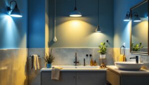 A photograph of a well-lit bathroom showcasing a variety of stylish and compliant lighting fixtures