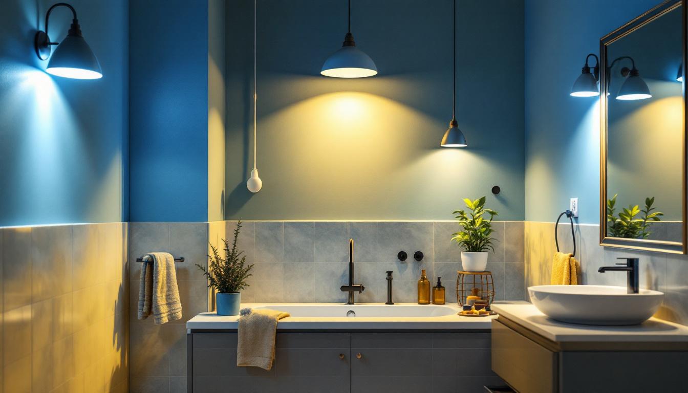 A photograph of a well-lit bathroom showcasing a variety of stylish and compliant lighting fixtures