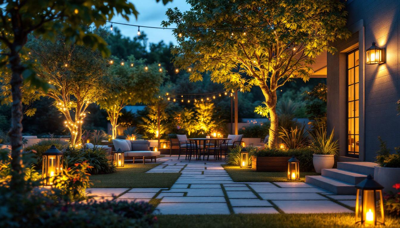 A photograph of a beautifully illuminated outdoor space showcasing a variety of lighting options
