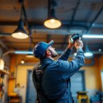 A photograph of a well-lit garage interior showcasing various overhead lighting options