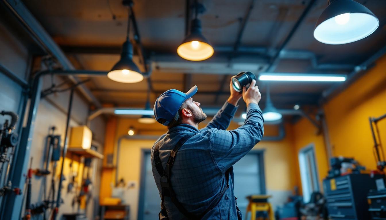 A photograph of a well-lit garage interior showcasing various overhead lighting options