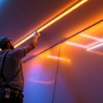 A photograph of a well-lit room showcasing vibrant led light strips elegantly installed along the ceiling