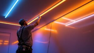 A photograph of a well-lit room showcasing vibrant led light strips elegantly installed along the ceiling