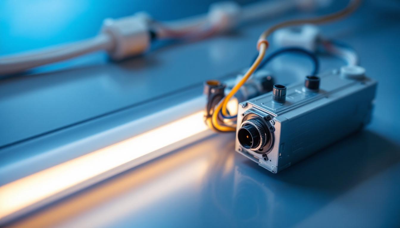 A photograph of a fluorescent light ballast alongside a disassembled fluorescent light fixture