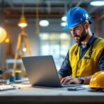 A photograph of a lighting contractor at work