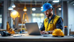 A photograph of a lighting contractor at work