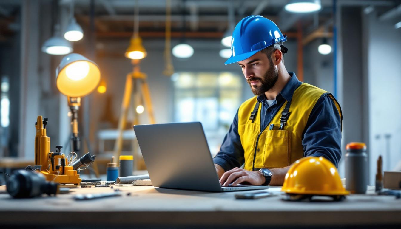 A photograph of a lighting contractor at work