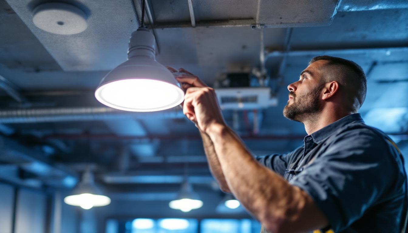 A photograph of a lighting contractor expertly installing a 400w metal halide led replacement in a commercial space