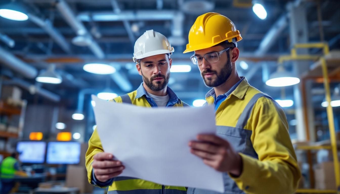 A photograph of a lighting contractor reviewing compliance guidelines while examining various lighting fixtures in a well-lit workspace