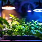 A photograph of a well-lit indoor garden setup featuring various grow lights in action