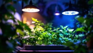 A photograph of a well-lit indoor garden setup featuring various grow lights in action
