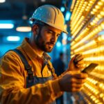 A photograph of a lighting contractor in action