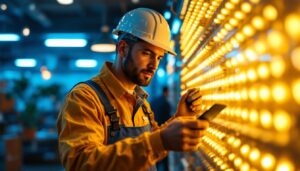 A photograph of a lighting contractor in action