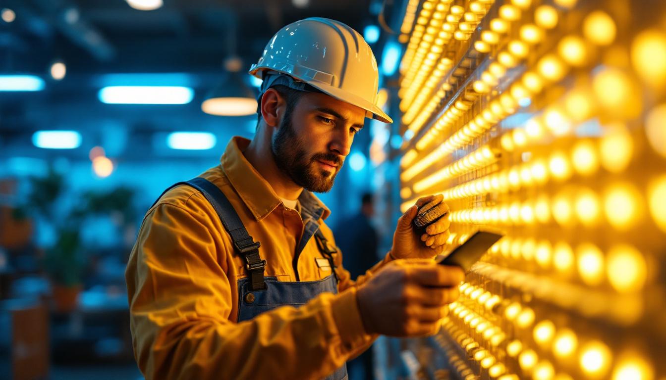 A photograph of a lighting contractor in action