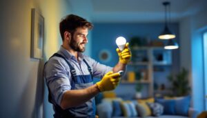 A photograph of a lighting contractor installing a low profile led light bulb in a modern residential setting