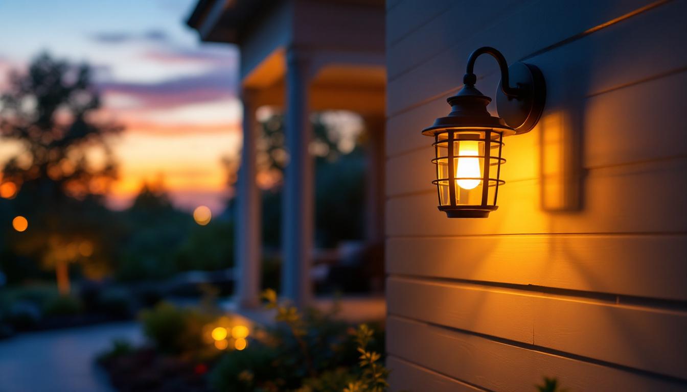 A photograph of a beautifully illuminated porch at dusk
