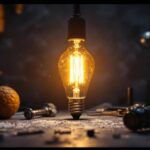 A photograph of a vintage-style light bulb glowing warmly in a dimly lit setting