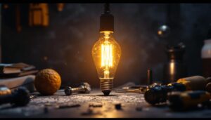 A photograph of a vintage-style light bulb glowing warmly in a dimly lit setting