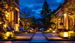A photograph of a beautifully illuminated outdoor space showcasing various satco outdoor lighting fixtures in use
