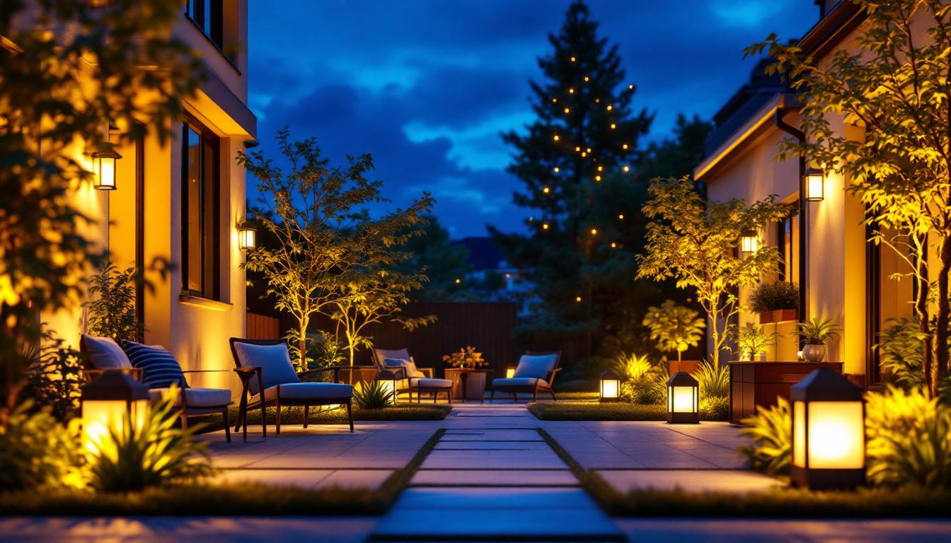 A photograph of a beautifully illuminated outdoor space showcasing various satco outdoor lighting fixtures in use