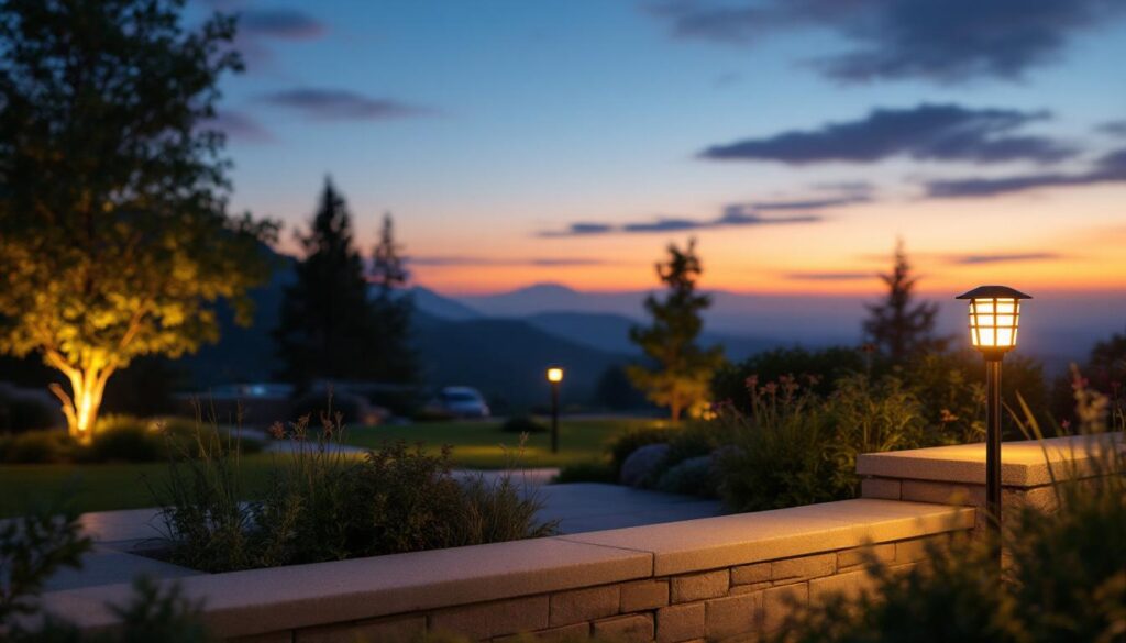 A photograph of a well-lit outdoor space featuring usa-made solar lights in use