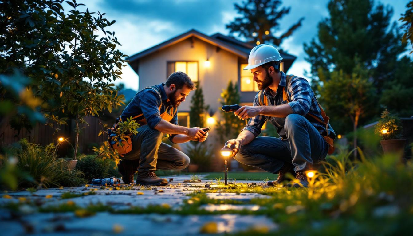 A photograph of a lighting contractor installing solar lights in a residential outdoor space
