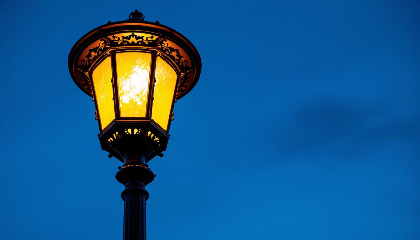 A photograph of a beautifully illuminated lamp post at dusk