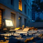 A photograph of a well-lit outdoor scene featuring a double flood light illuminating a construction or renovation site