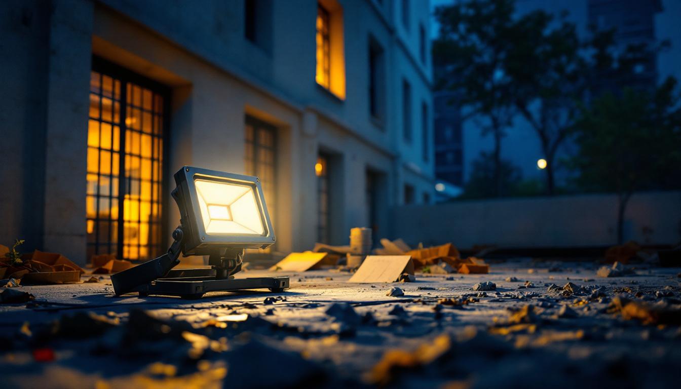 A photograph of a well-lit outdoor scene featuring a double flood light illuminating a construction or renovation site