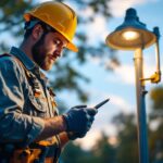 A photograph of a skilled lighting contractor installing or adjusting a pole-mounted light in an outdoor setting