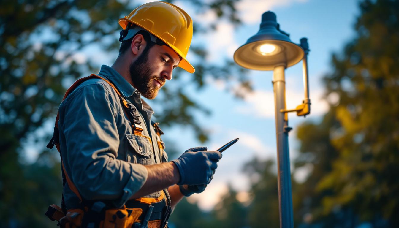 A photograph of a skilled lighting contractor installing or adjusting a pole-mounted light in an outdoor setting