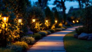 A photograph of a beautifully illuminated pathway lined with solar led lights at dusk