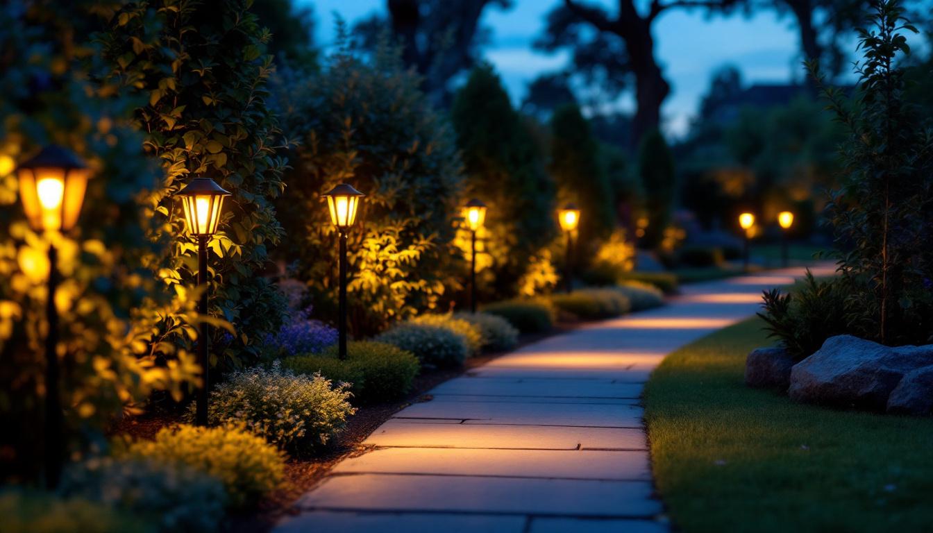 A photograph of a beautifully illuminated pathway lined with solar led lights at dusk