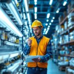 A photograph of a lighting contractor examining a variety of fluorescent light options in a well-lit hardware store