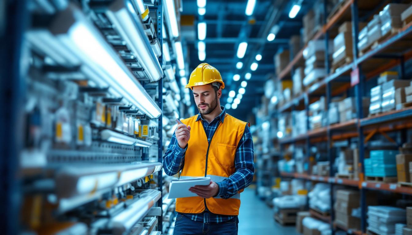 A photograph of a lighting contractor examining a variety of fluorescent light options in a well-lit hardware store