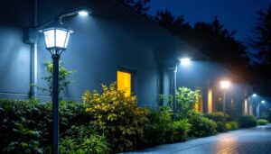 A photograph of a well-lit outdoor area showcasing various types of security lights in use