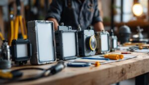 A photograph of capture a photograph of a well-organized workbench featuring various types of junction boxes suitable for flood lights
