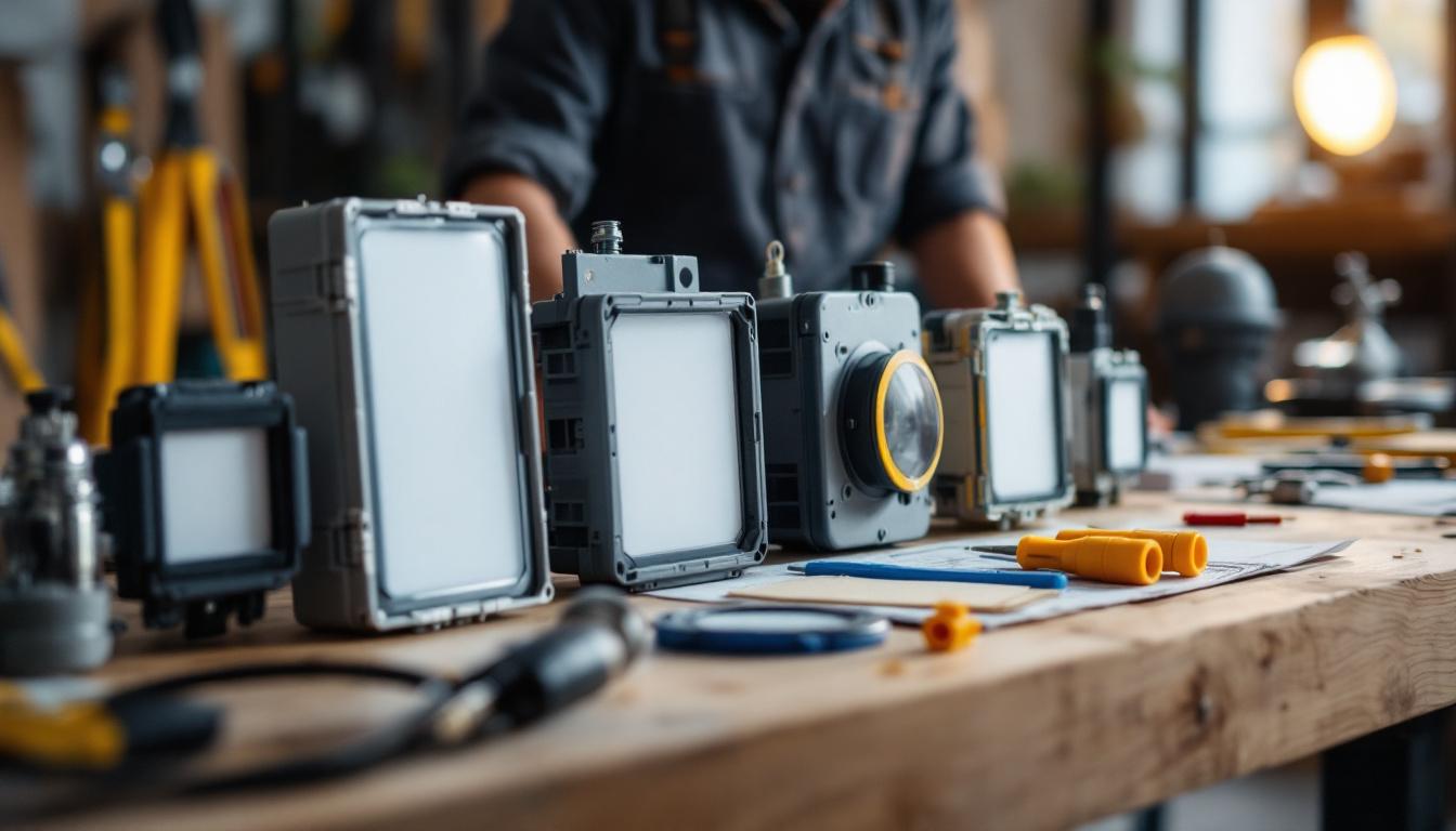 A photograph of capture a photograph of a well-organized workbench featuring various types of junction boxes suitable for flood lights