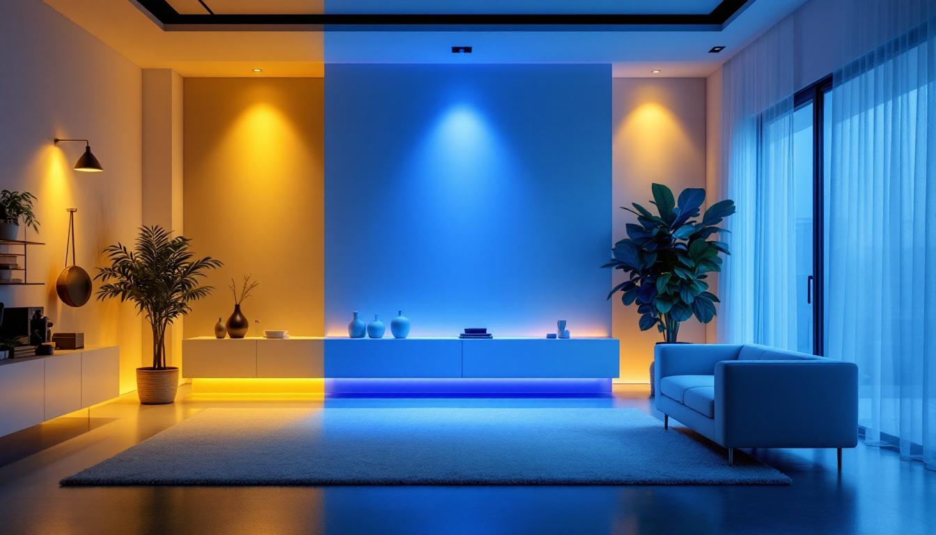 A photograph of a well-lit modern interior showcasing three distinct lighting setups—3000k