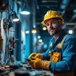 A photograph of a lighting contractor at work on a job site
