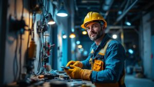 A photograph of a lighting contractor at work on a job site