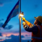 A photograph of a lighting contractor installing a commercial flag pole light at dusk
