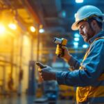 A photograph of a lighting contractor working on the conversion process from metal halide to led lighting