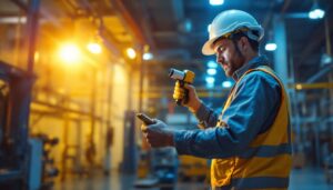 A photograph of a lighting contractor working on the conversion process from metal halide to led lighting