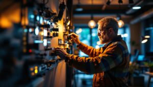 A photograph of a lighting contractor expertly adjusting a dimmable 0-10v lighting system in a modern workspace