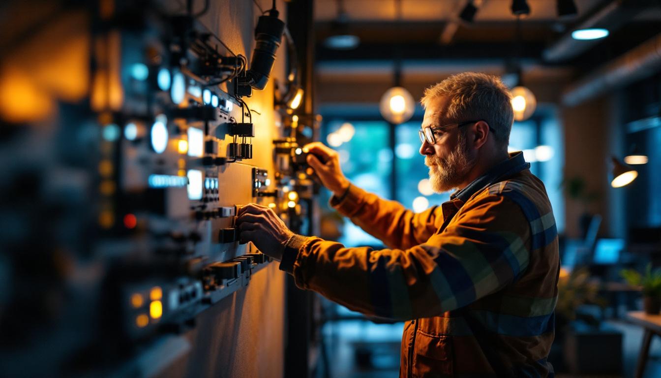 A photograph of a lighting contractor expertly adjusting a dimmable 0-10v lighting system in a modern workspace