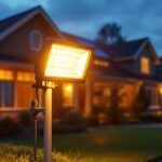 A photograph of a solar flood light installation in a residential or commercial setting
